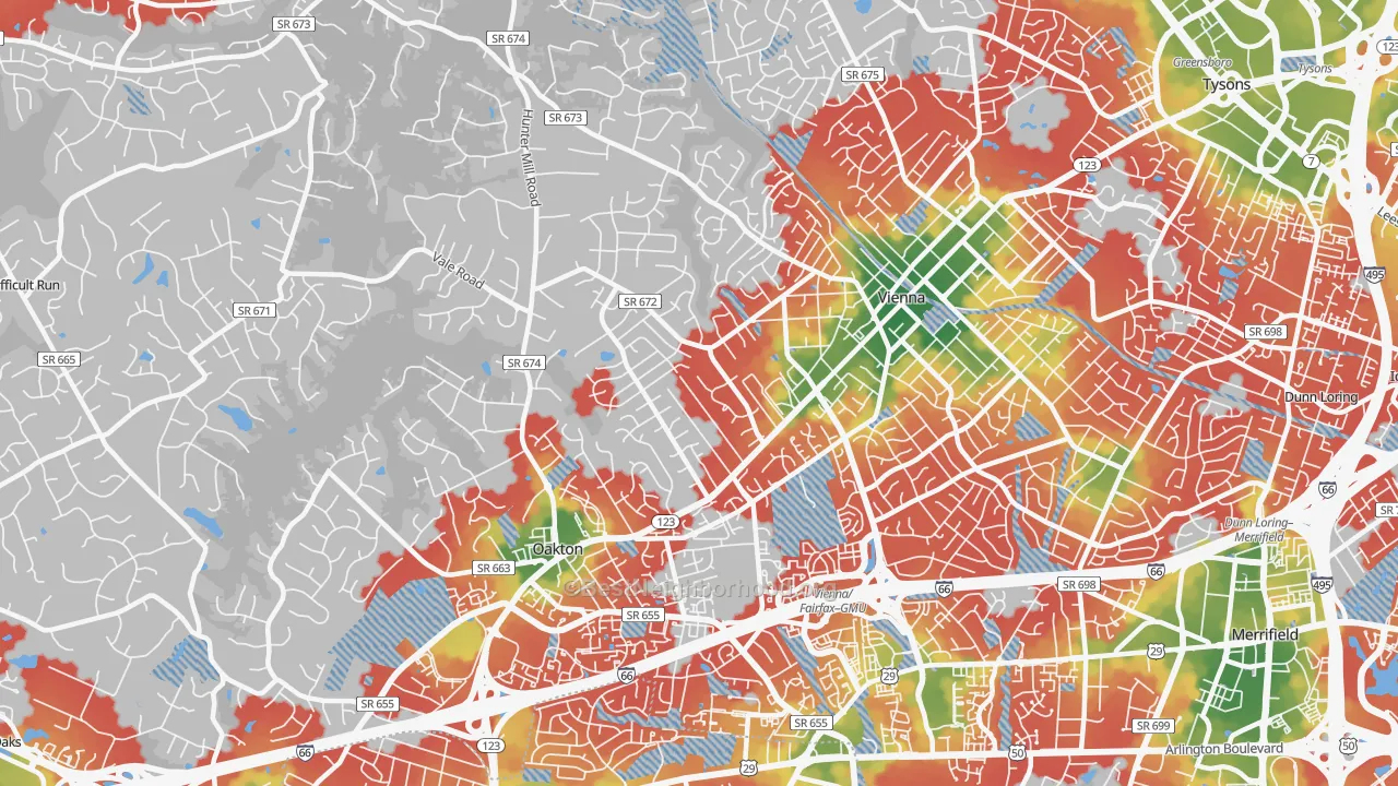 Walk Grade map of 22181, VA, walkable areas in green and car-dependent areas in red