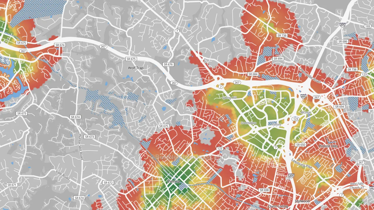 Walk Grade map of 22182, VA, walkable areas in green and car-dependent areas in red