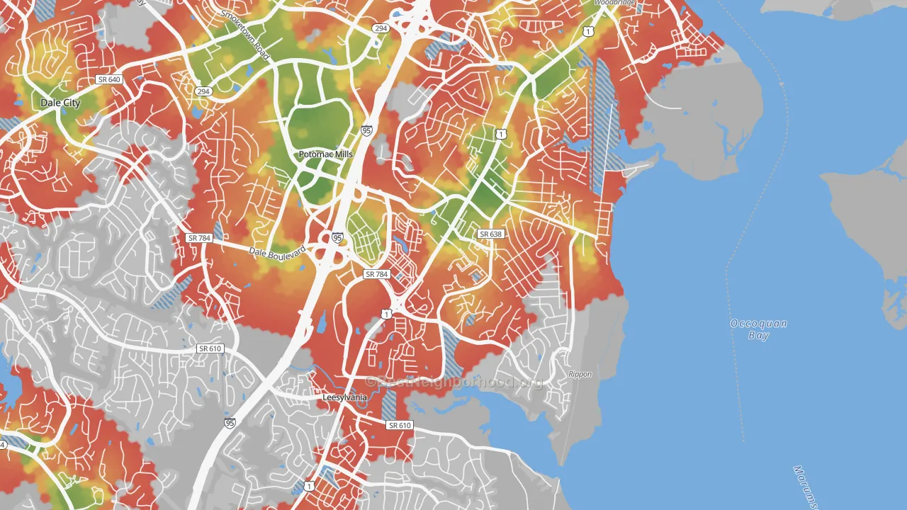 Walk Grade map of 22191, VA, walkable areas in green and car-dependent areas in red