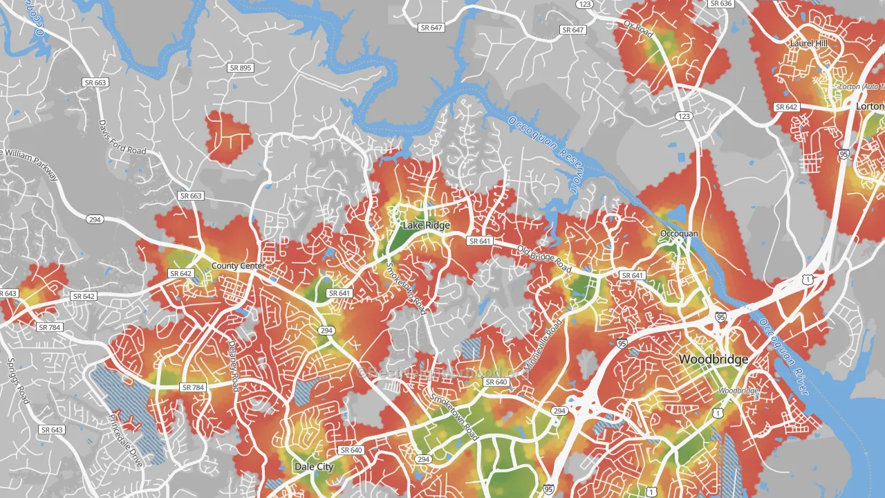 Walk Grade map of 22192, VA, walkable areas in green and car-dependent areas in red