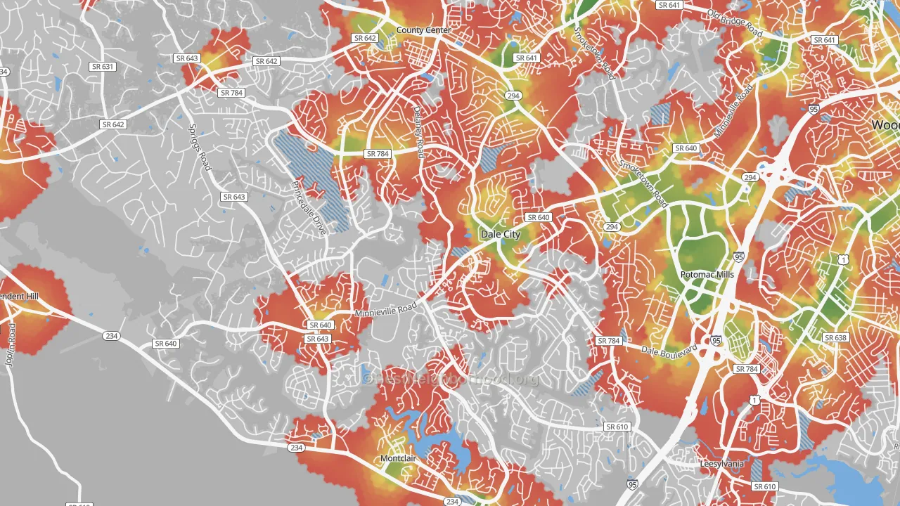 Walk Grade map of 22193, VA, walkable areas in green and car-dependent areas in red