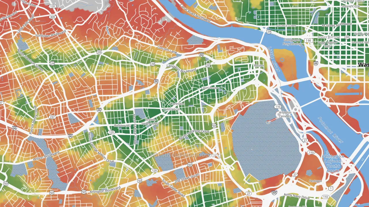 Walk Grade map of 22201, VA, walkable areas in green and car-dependent areas in red
