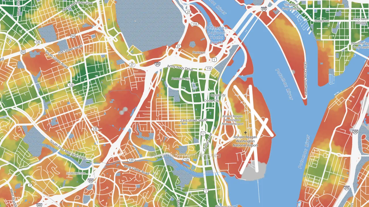 Walk Grade map of 22202, VA, walkable areas in green and car-dependent areas in red