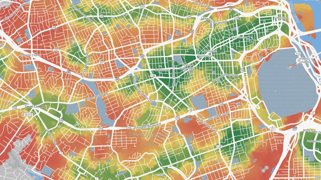 Walk Grade map of 22203, VA, walkable areas in green and car-dependent areas in red