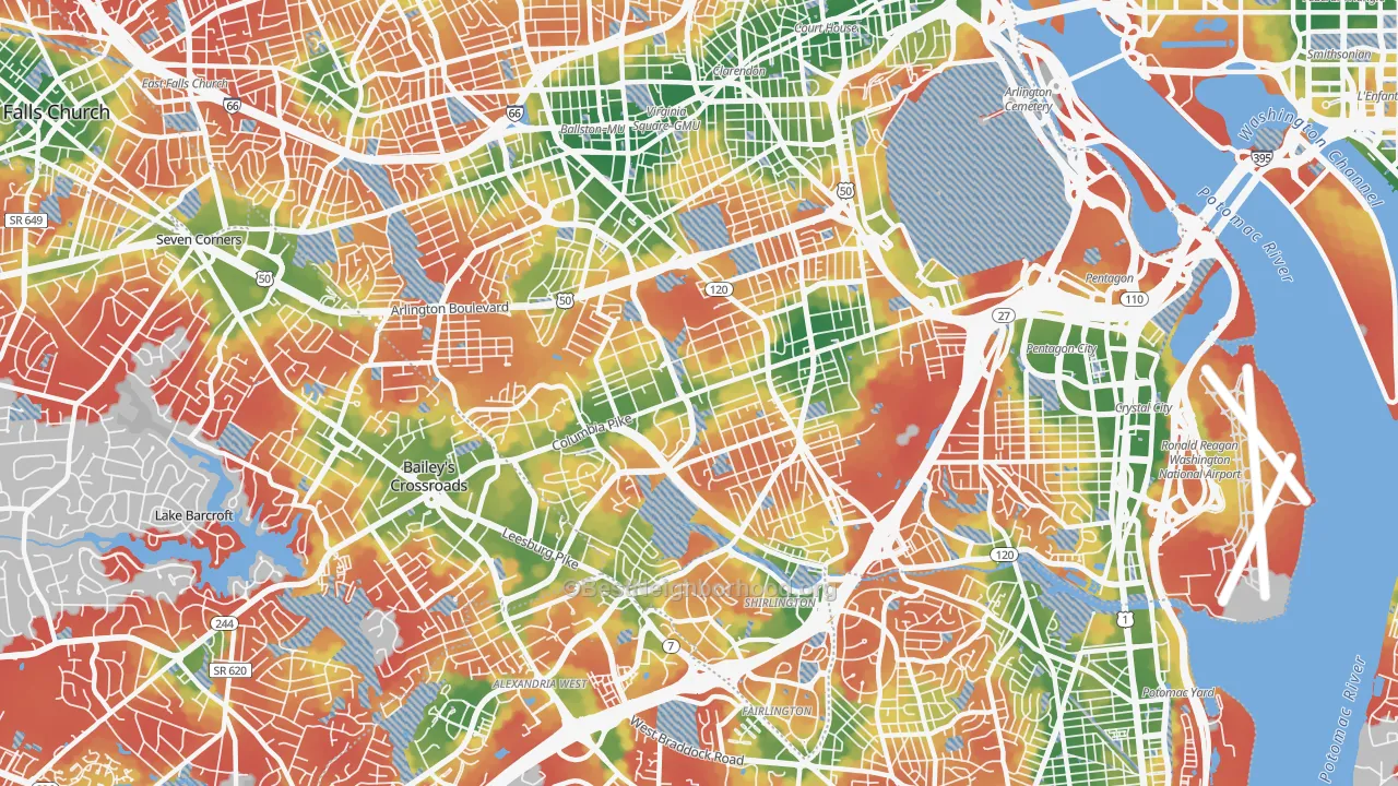 Walk Grade map of 22204, VA, walkable areas in green and car-dependent areas in red