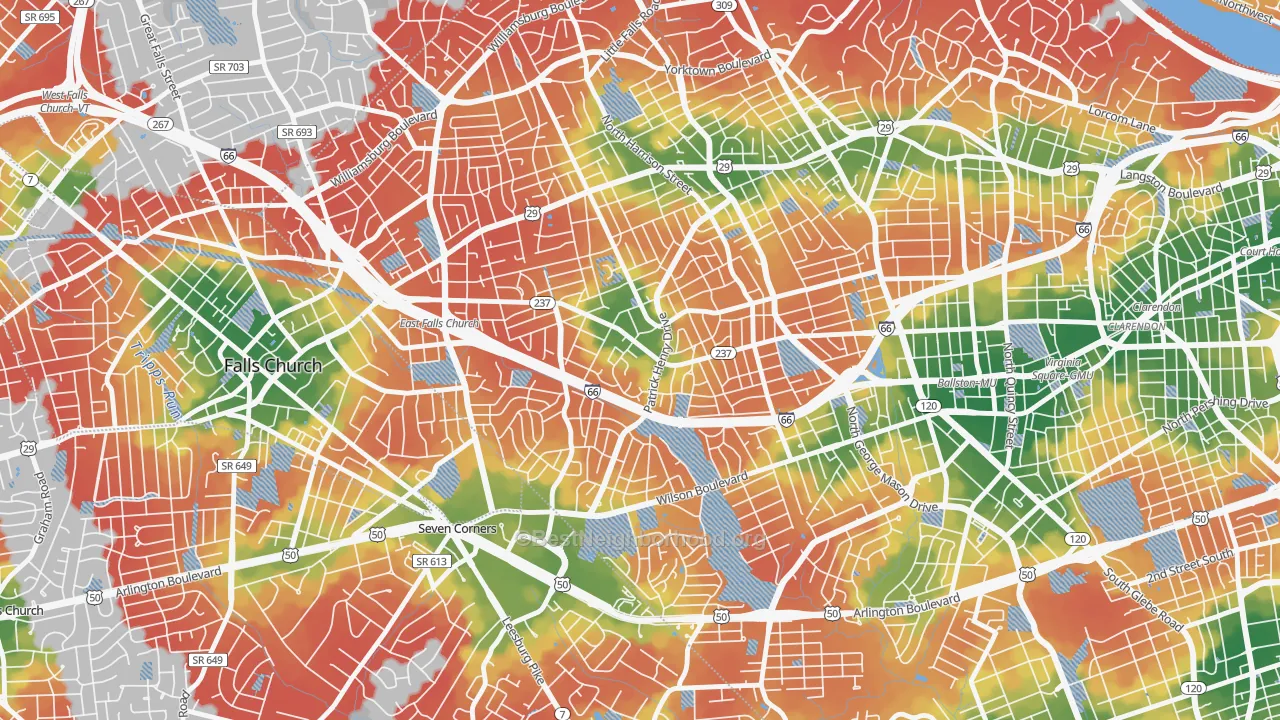 Walk Grade map of 22205, VA, walkable areas in green and car-dependent areas in red
