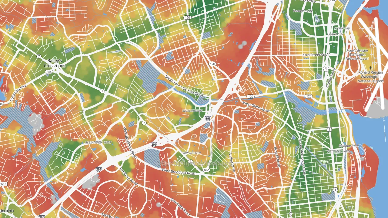 Walk Grade map of 22206, VA, walkable areas in green and car-dependent areas in red