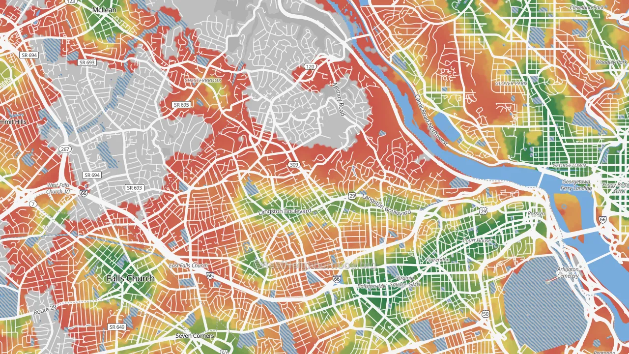 Walk Grade map of 22207, VA, walkable areas in green and car-dependent areas in red