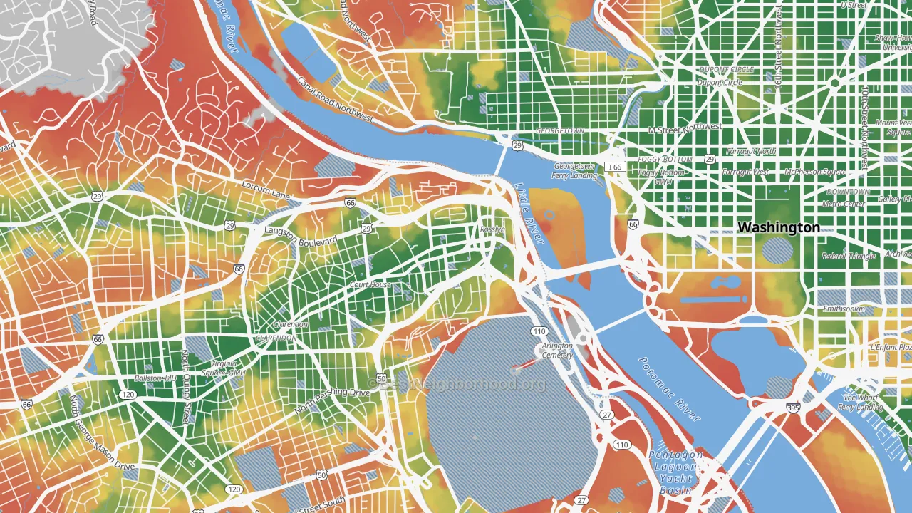 Walk Grade map of 22209, VA, walkable areas in green and car-dependent areas in red