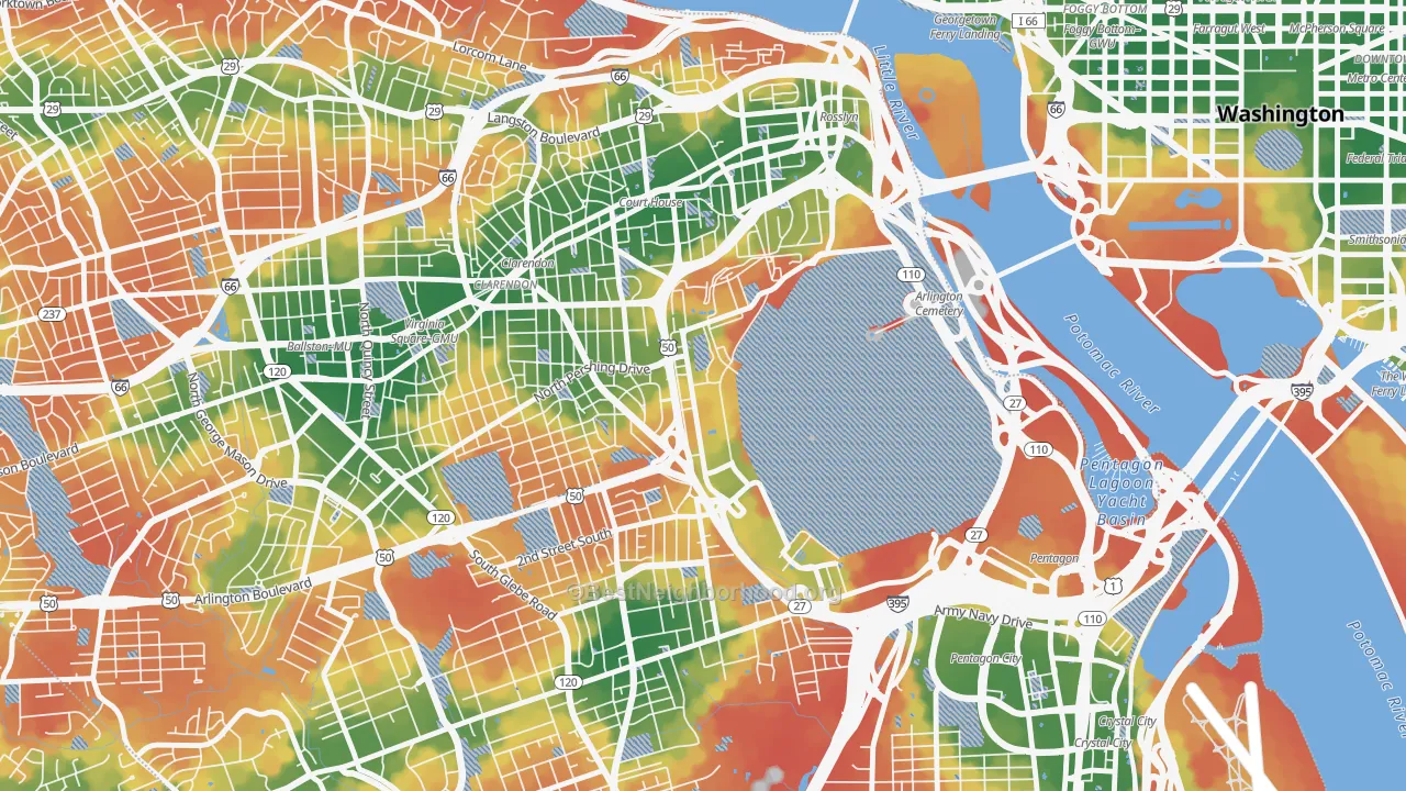 Walk Grade map of 22211, VA, walkable areas in green and car-dependent areas in red