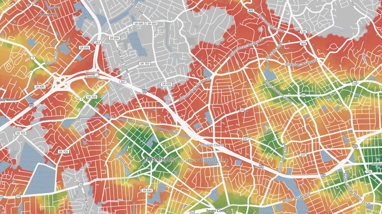 Walk Grade map of 22213, VA, walkable areas in green and car-dependent areas in red