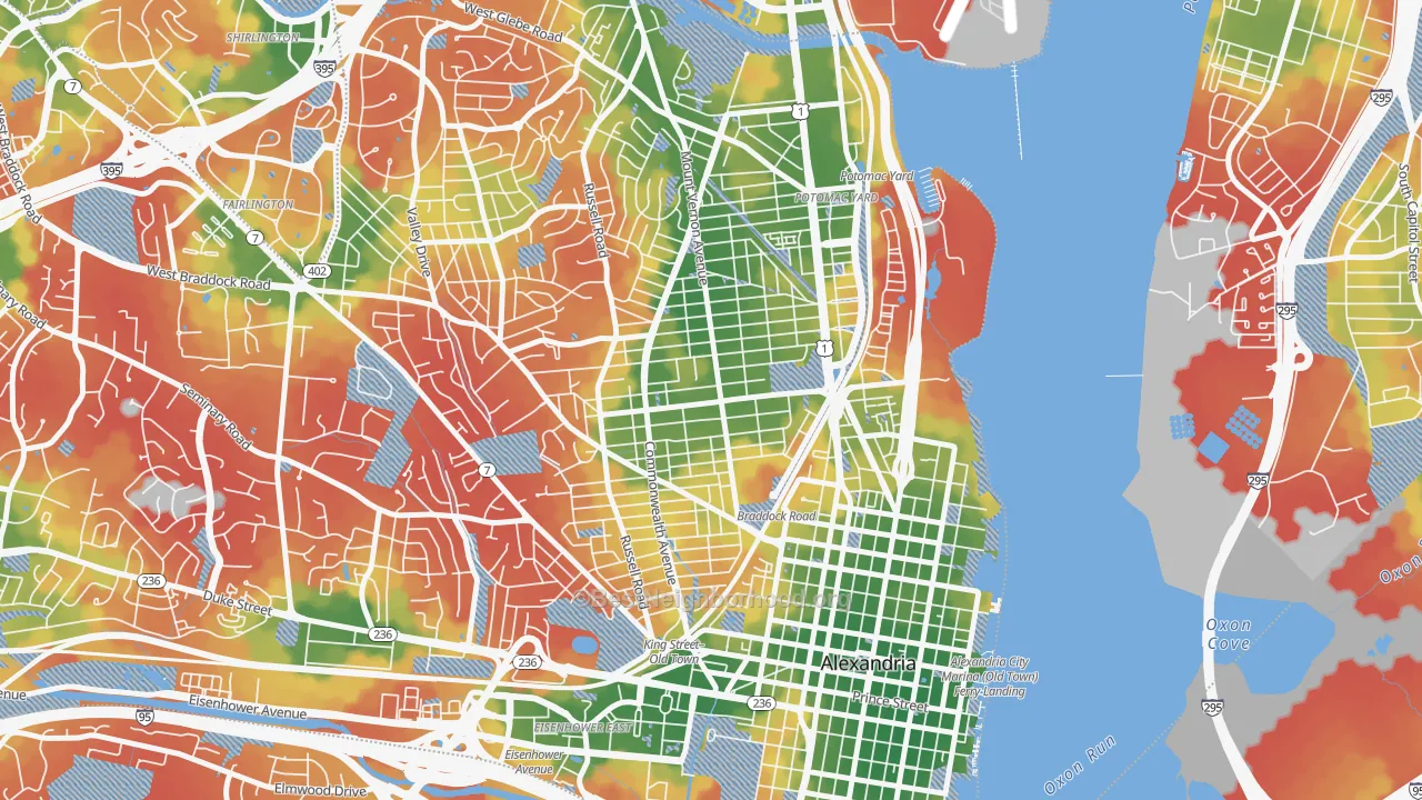 Walk Grade map of 22301, VA, walkable areas in green and car-dependent areas in red