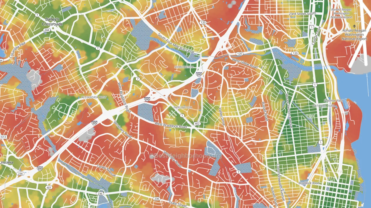 Walk Grade map of 22302, VA, walkable areas in green and car-dependent areas in red