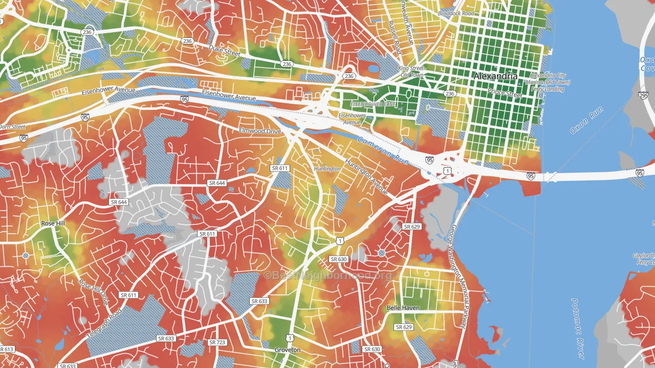 Walk Grade map of 22303, VA, walkable areas in green and car-dependent areas in red