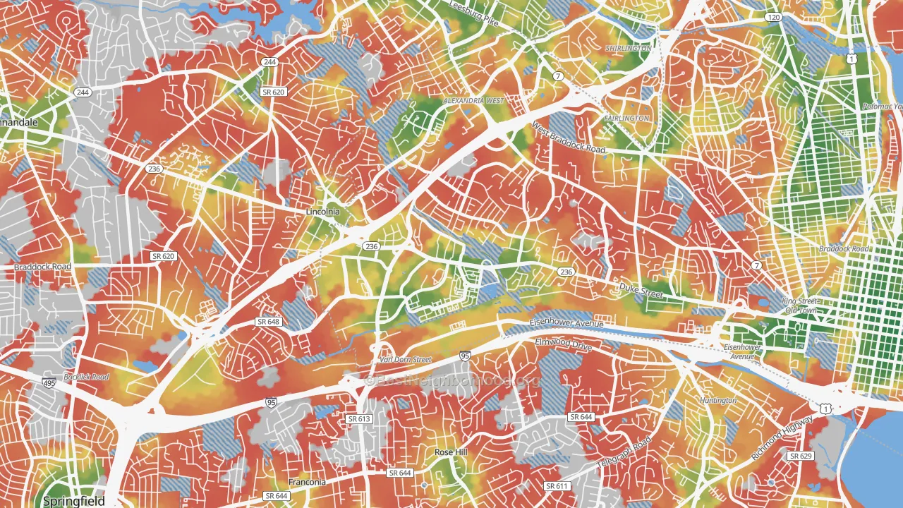 Walk Grade map of 22304, VA, walkable areas in green and car-dependent areas in red
