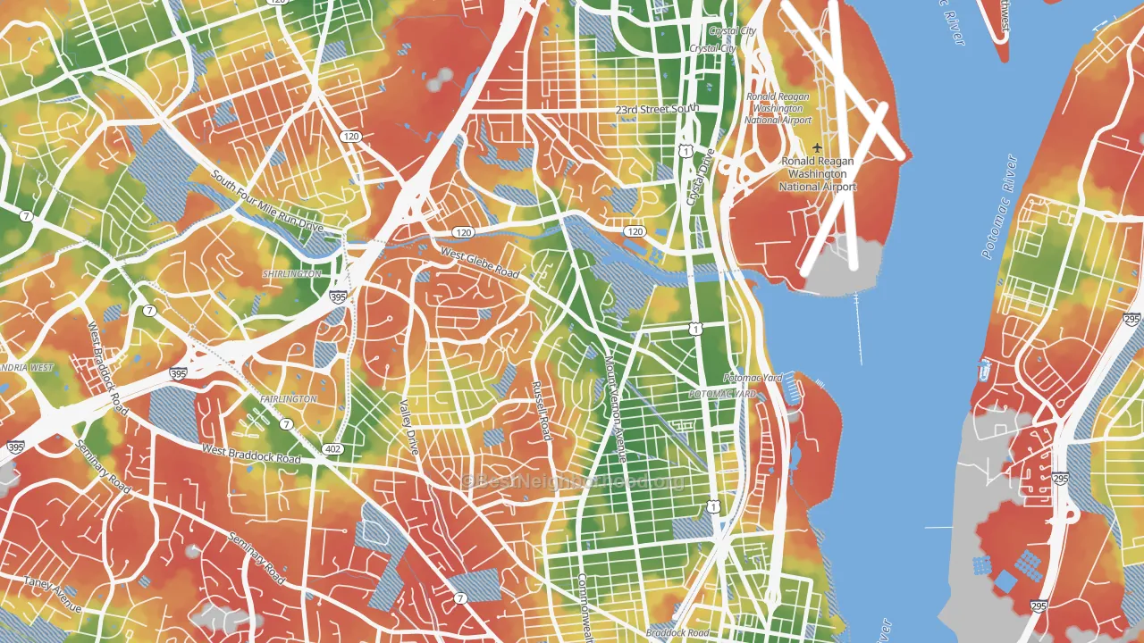 Walk Grade map of 22305, VA, walkable areas in green and car-dependent areas in red