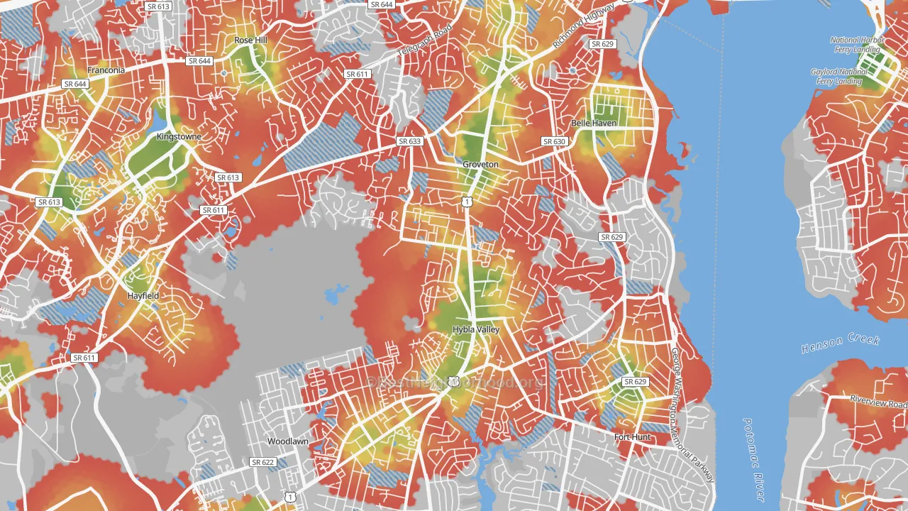 Walk Grade map of 22306, VA, walkable areas in green and car-dependent areas in red