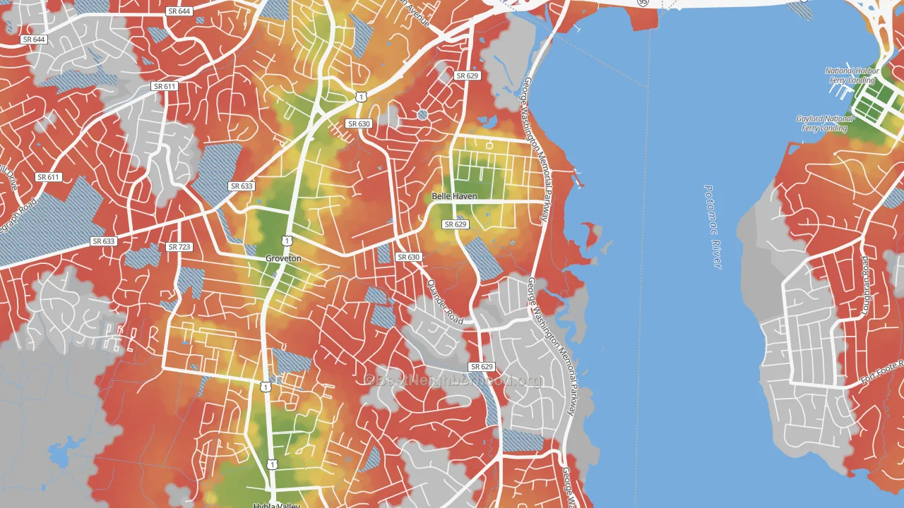 Walk Grade map of 22307, VA, walkable areas in green and car-dependent areas in red