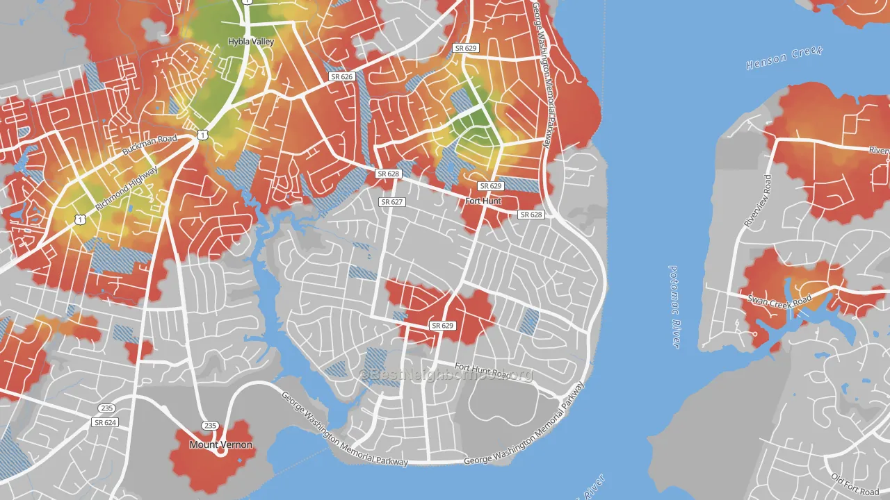 Walk Grade map of 22308, VA, walkable areas in green and car-dependent areas in red