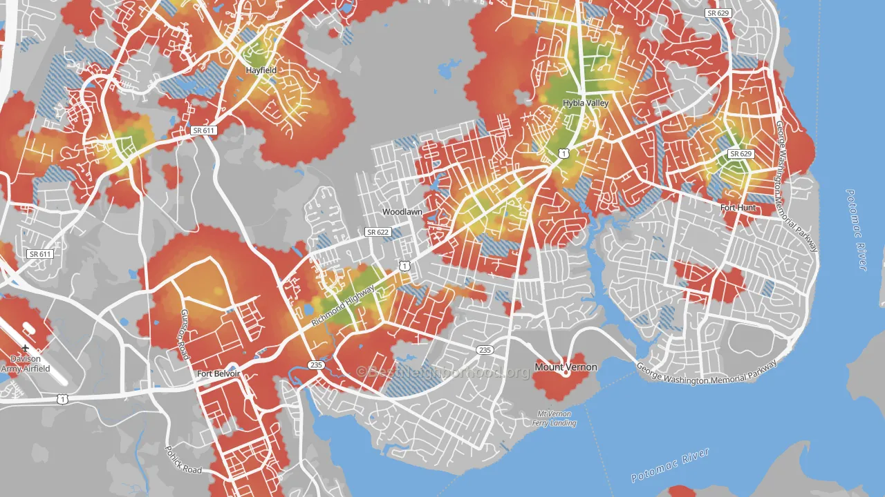 Walk Grade map of 22309, VA, walkable areas in green and car-dependent areas in red