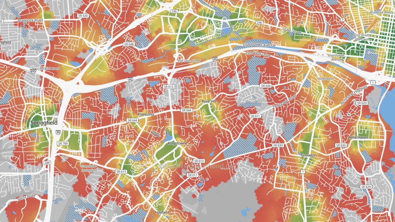Walk Grade map of 22310, VA, walkable areas in green and car-dependent areas in red