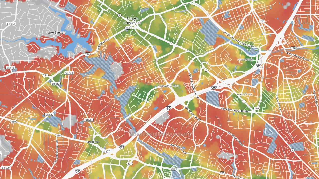 Walk Grade map of 22311, VA, walkable areas in green and car-dependent areas in red