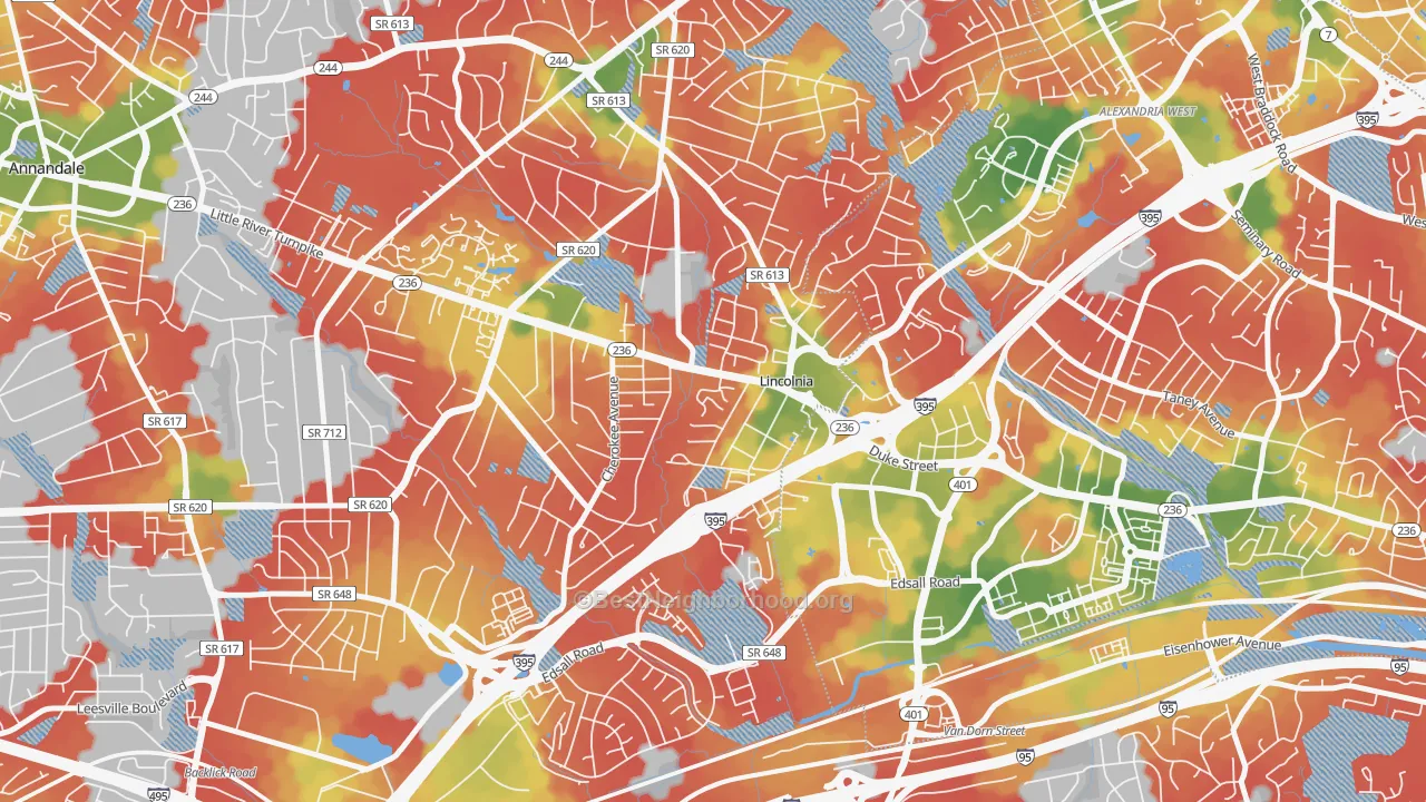 Walk Grade map of 22312, VA, walkable areas in green and car-dependent areas in red