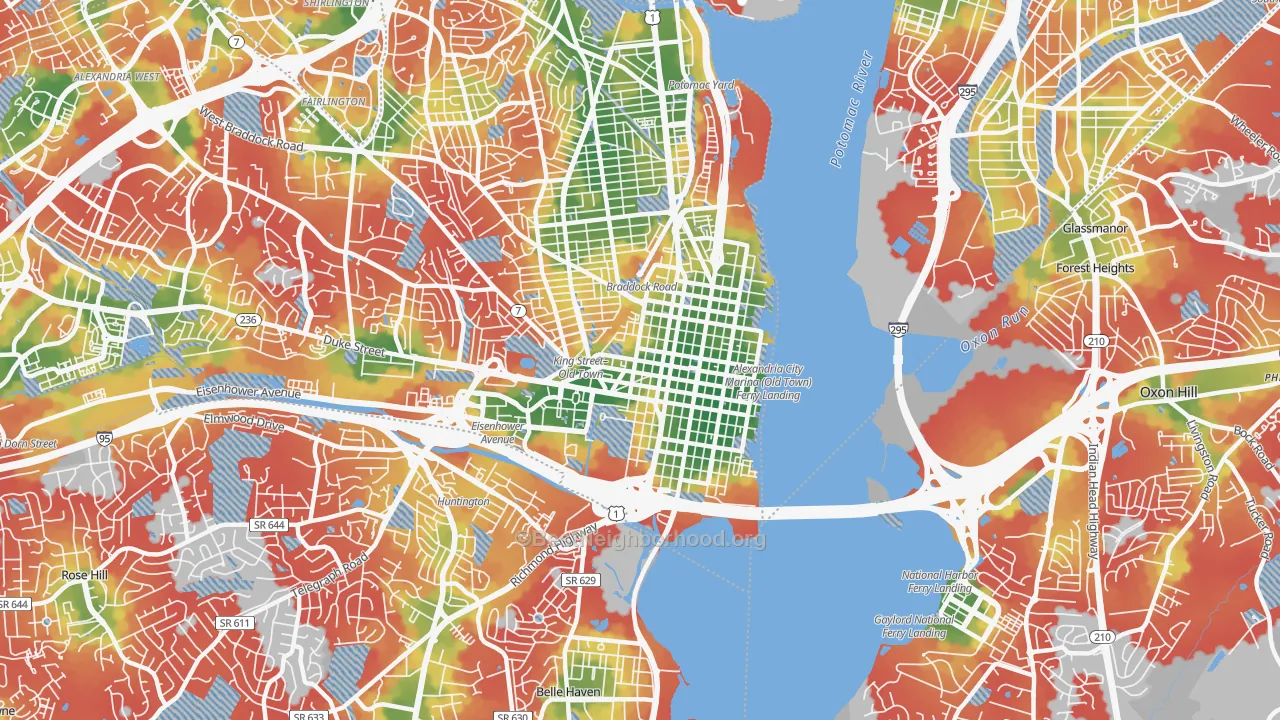 Walk Grade map of 22314, VA, walkable areas in green and car-dependent areas in red