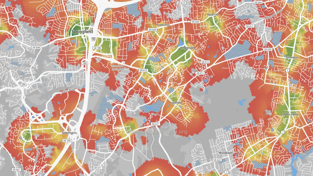 Walk Grade map of 22315, VA, walkable areas in green and car-dependent areas in red