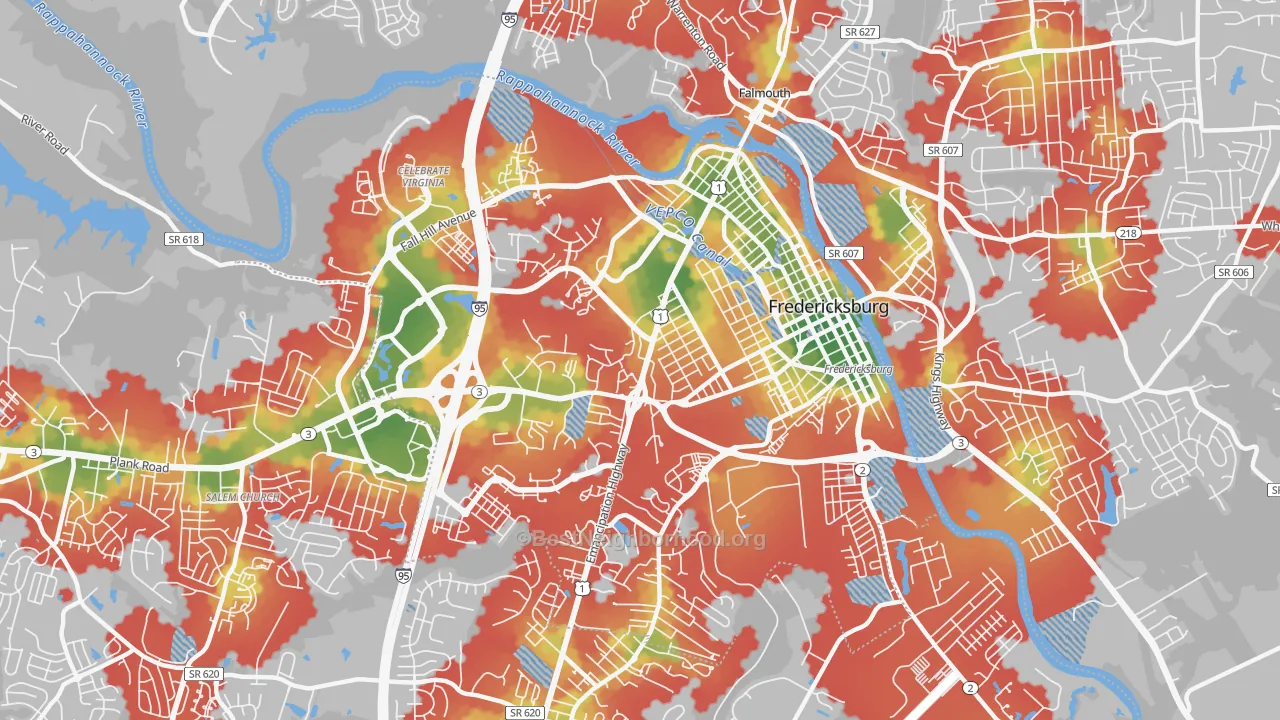 Walk Grade map of 22401, VA, walkable areas in green and car-dependent areas in red