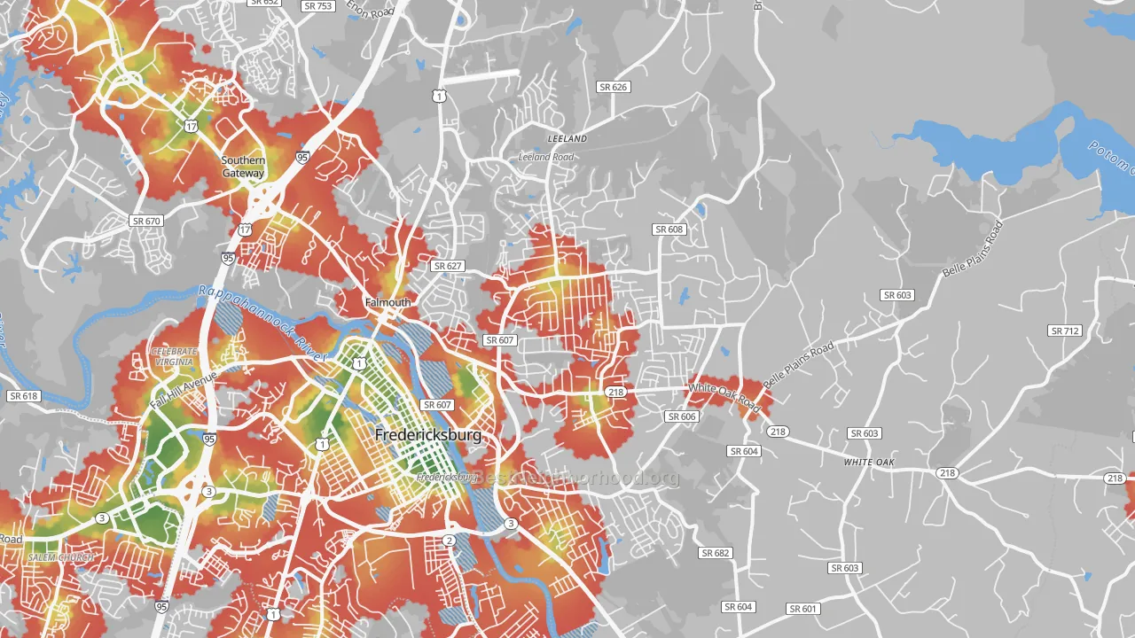 Walk Grade map of 22405, VA, walkable areas in green and car-dependent areas in red