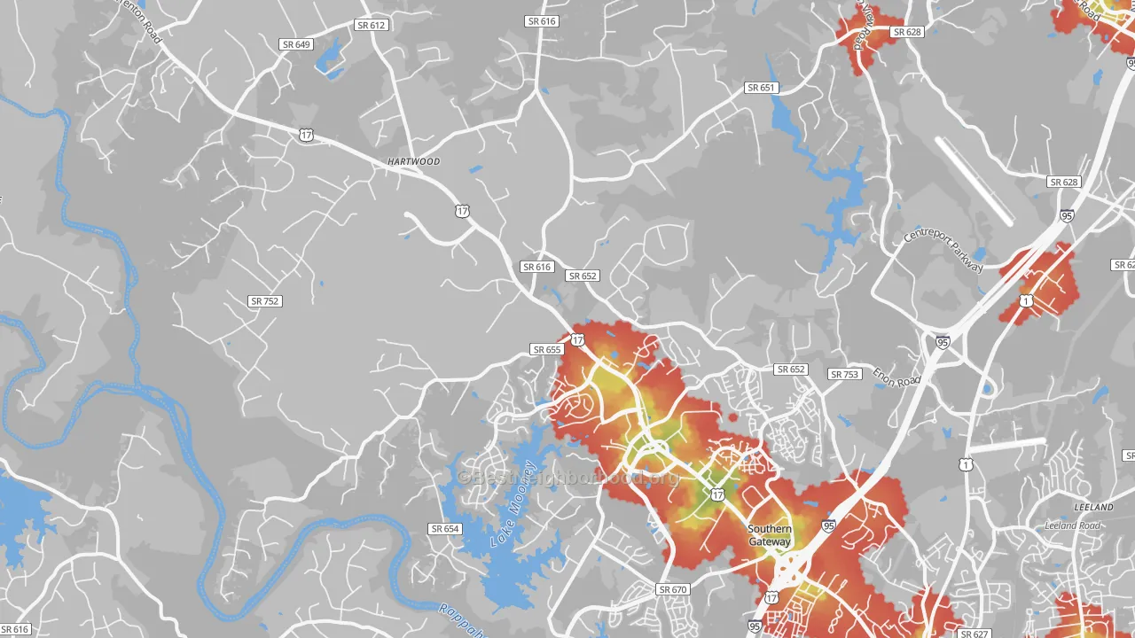 Walk Grade map of 22406, VA, walkable areas in green and car-dependent areas in red