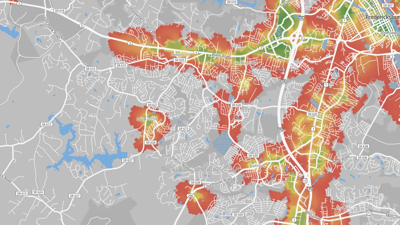 Walk Grade map of 22407, VA, walkable areas in green and car-dependent areas in red