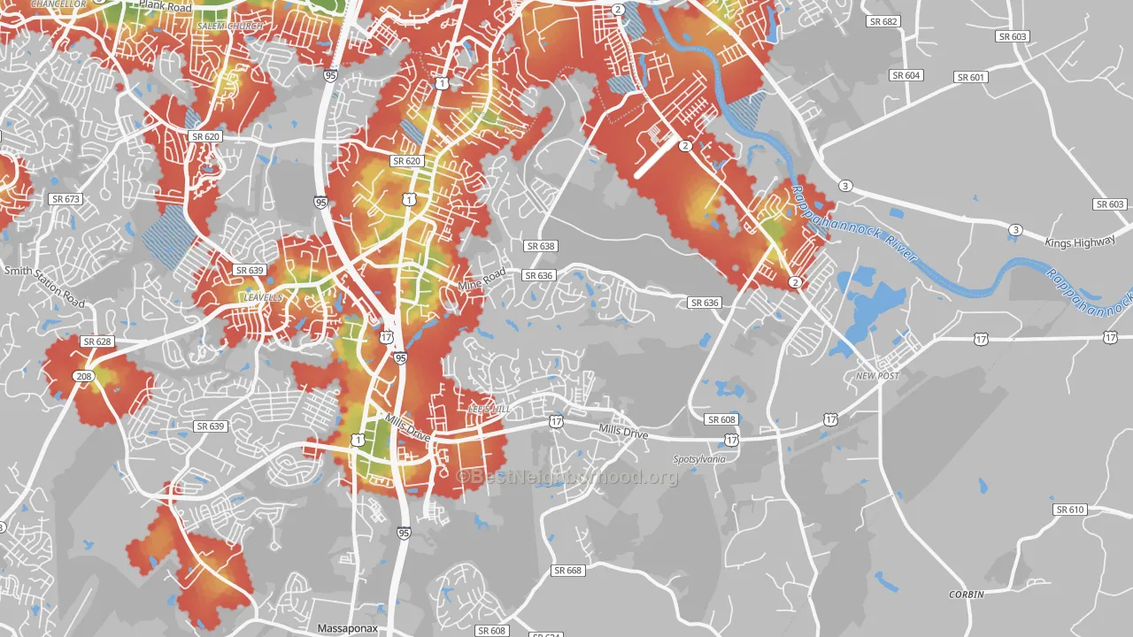 Walk Grade map of 22408, VA, walkable areas in green and car-dependent areas in red