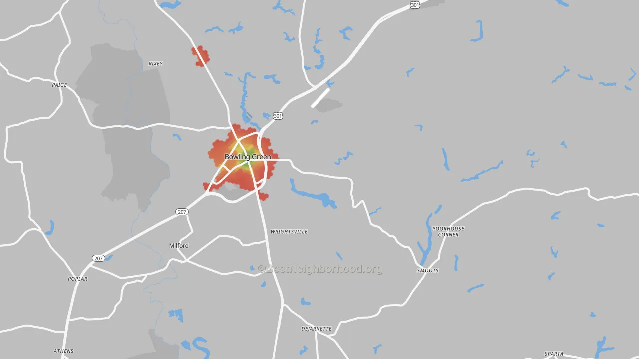 Walk Grade map of 22427, VA, walkable areas in green and car-dependent areas in red