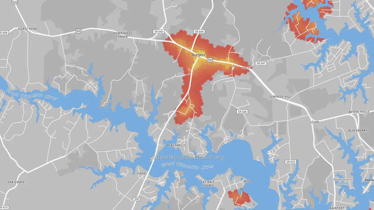 Walk Grade map of 22432, VA, walkable areas in green and car-dependent areas in red