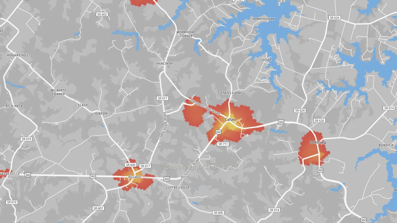 Walk Grade map of 22435, VA, walkable areas in green and car-dependent areas in red