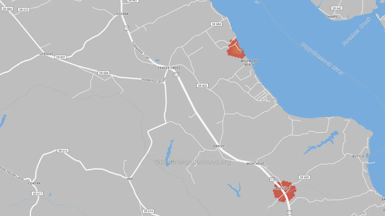 Walk Grade map of 22437, VA, walkable areas in green and car-dependent areas in red