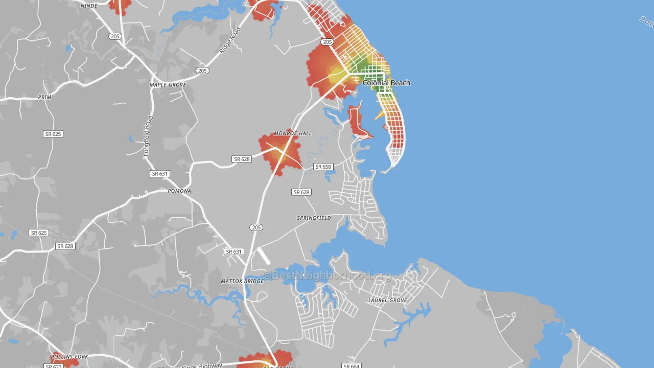 Walk Grade map of 22443, VA, walkable areas in green and car-dependent areas in red
