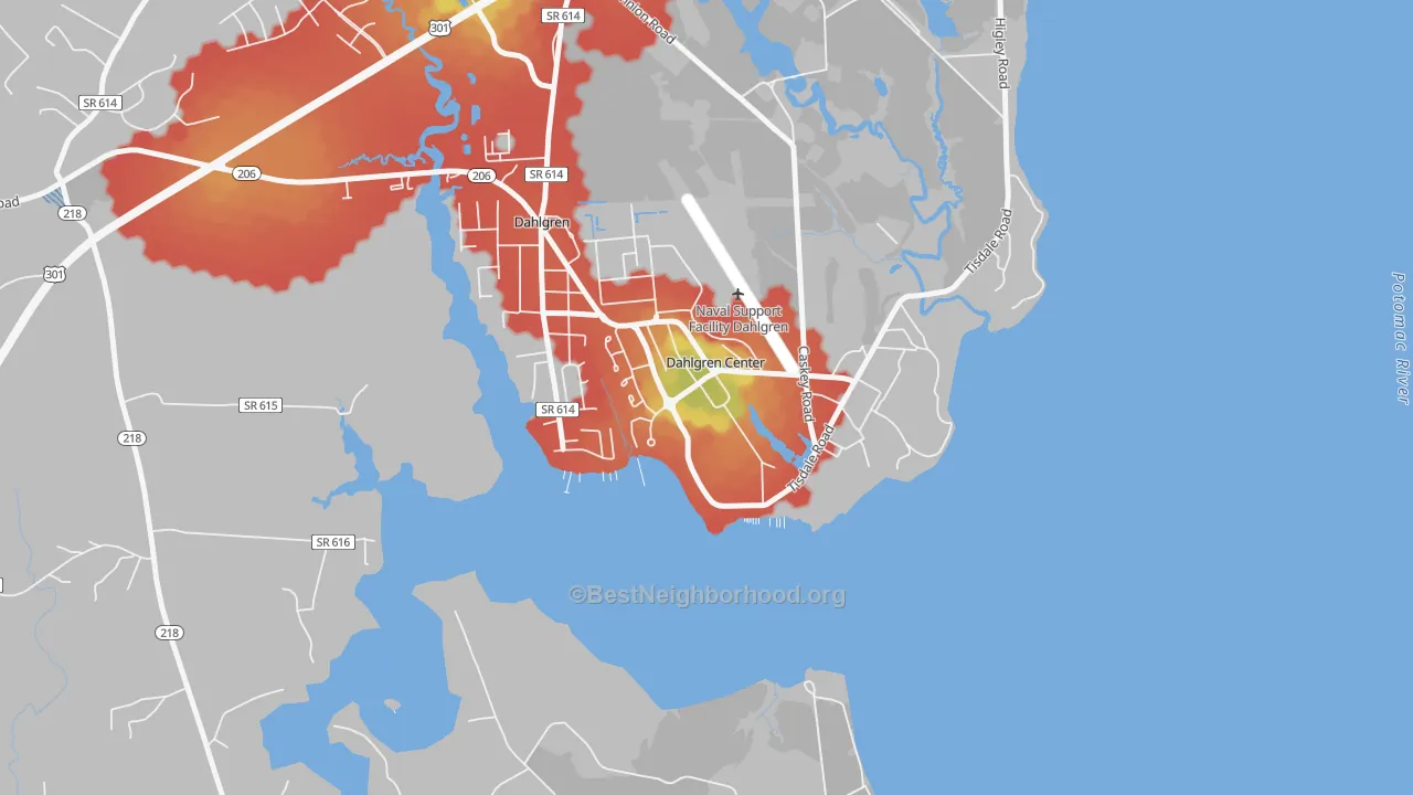 Walk Grade map of 22448, VA, walkable areas in green and car-dependent areas in red