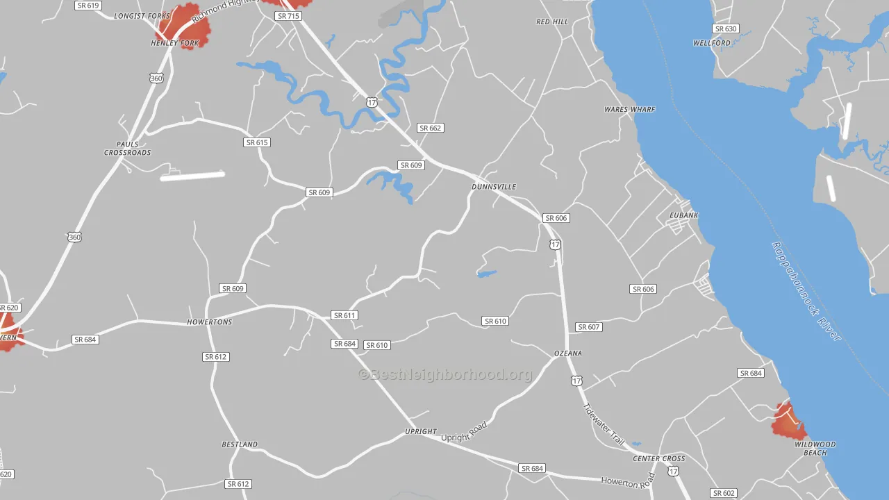 Walk Grade map of 22454, VA, walkable areas in green and car-dependent areas in red