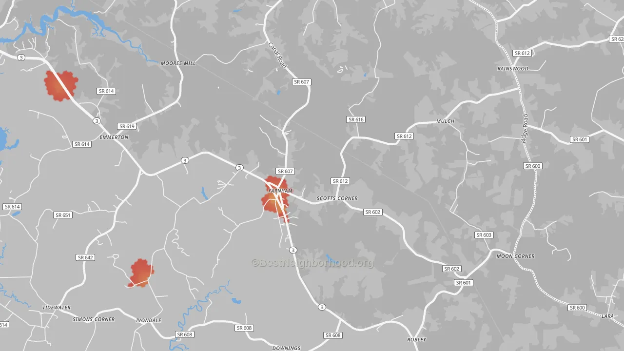 Walk Grade map of 22460, VA, walkable areas in green and car-dependent areas in red