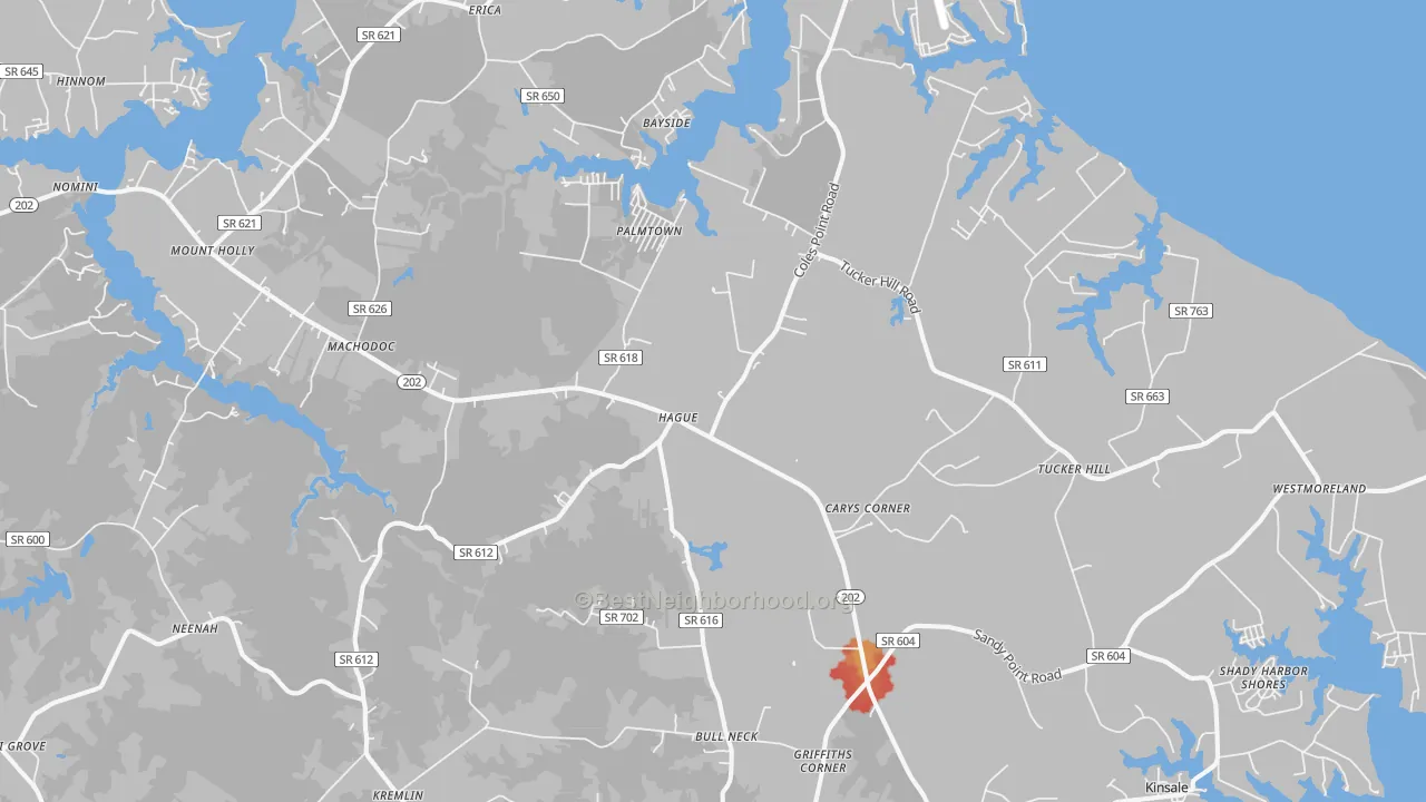 Walk Grade map of 22469, VA, walkable areas in green and car-dependent areas in red