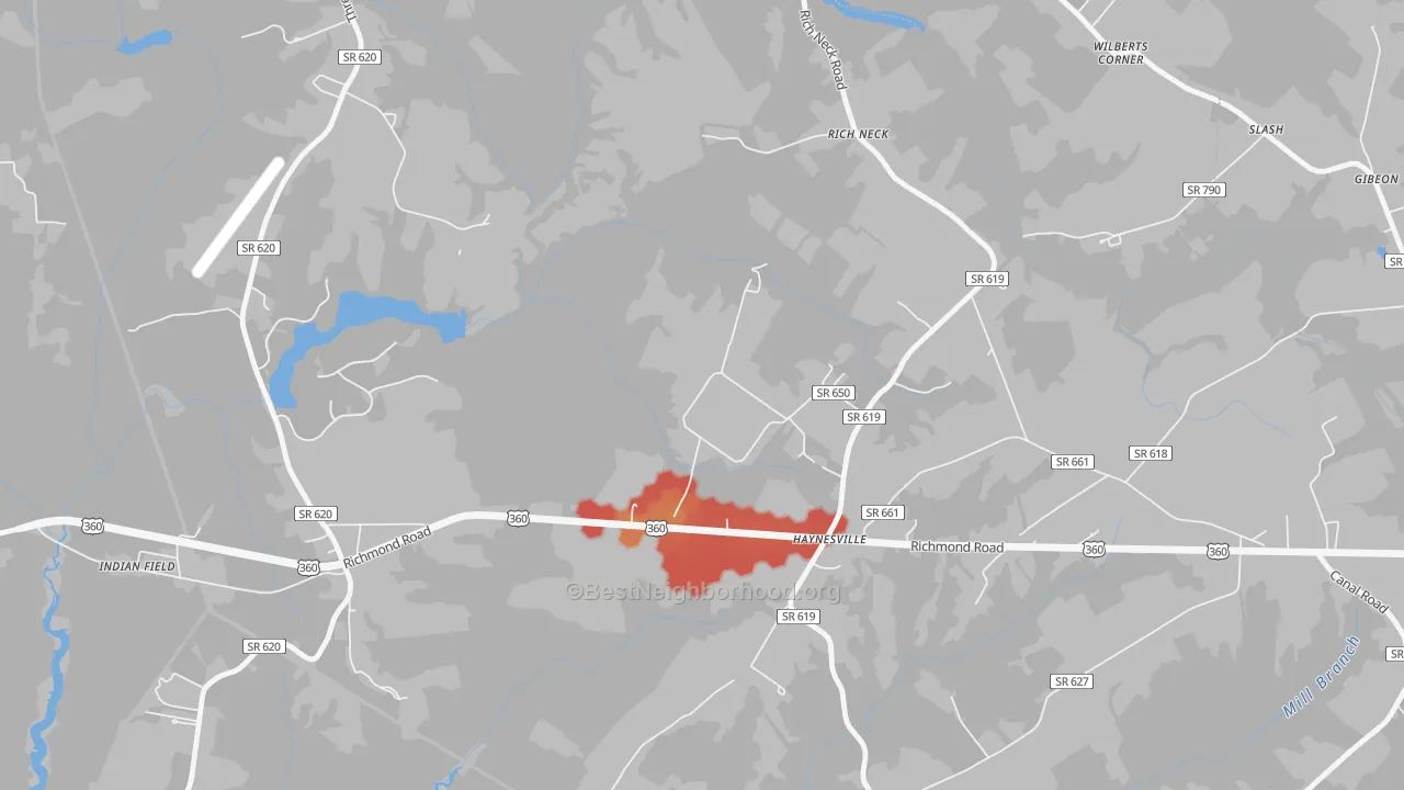 Walk Grade map of 22472, VA, walkable areas in green and car-dependent areas in red