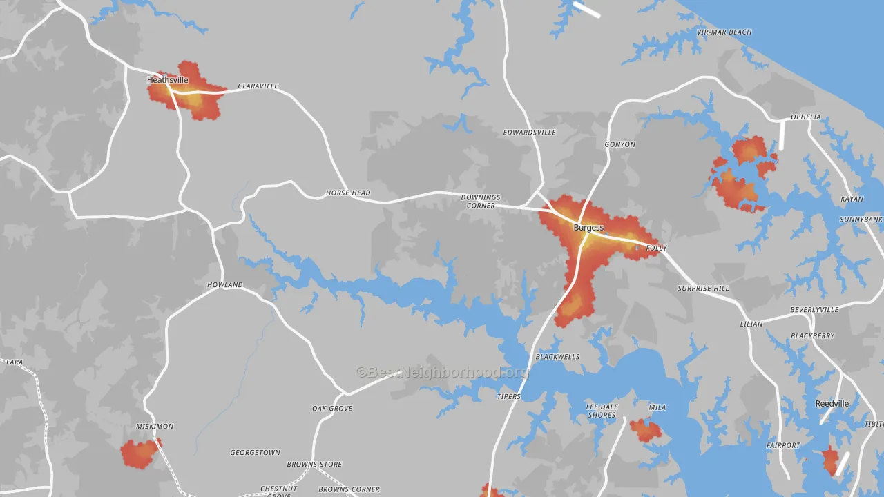 Walk Grade map of 22473, VA, walkable areas in green and car-dependent areas in red