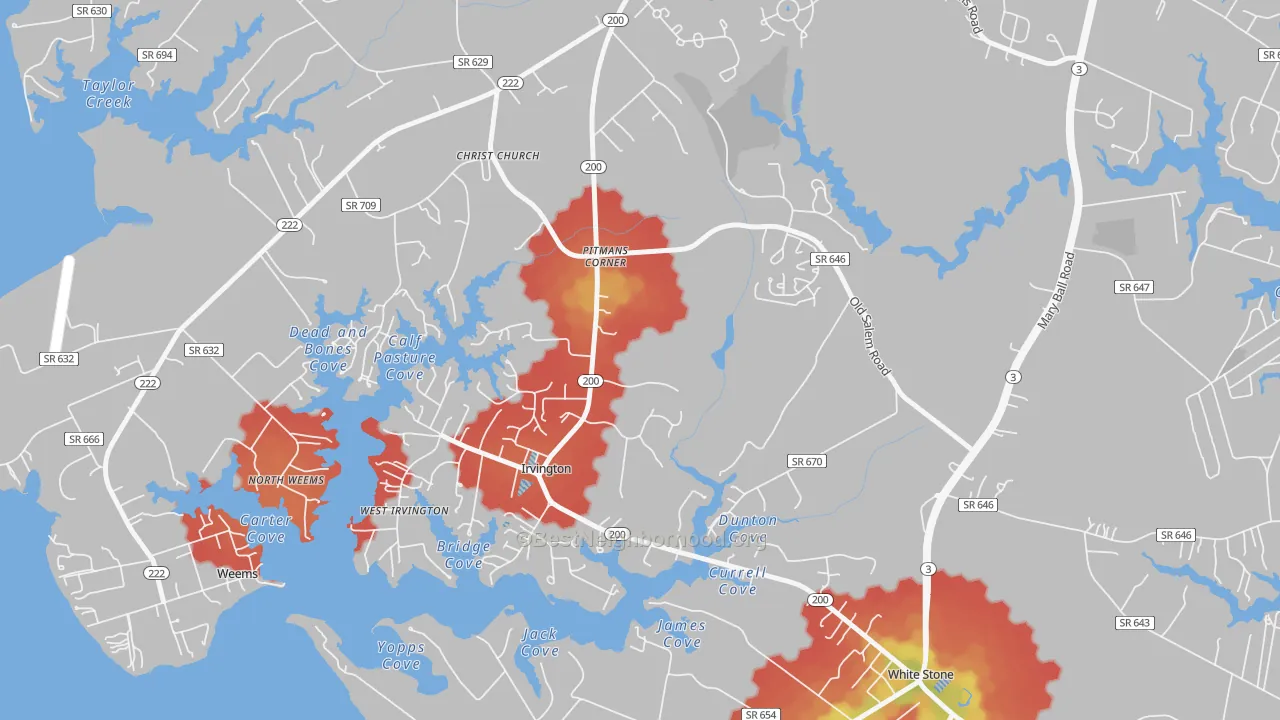 Walk Grade map of 22480, VA, walkable areas in green and car-dependent areas in red