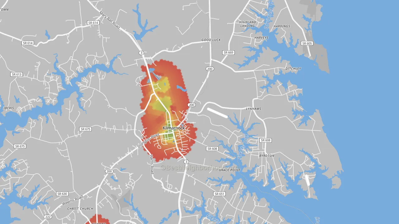 Walk Grade map of 22482, VA, walkable areas in green and car-dependent areas in red