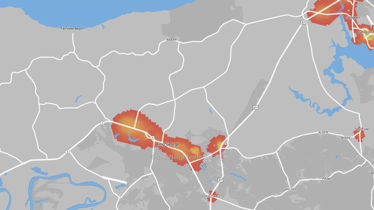 Walk Grade map of 22485, VA, walkable areas in green and car-dependent areas in red