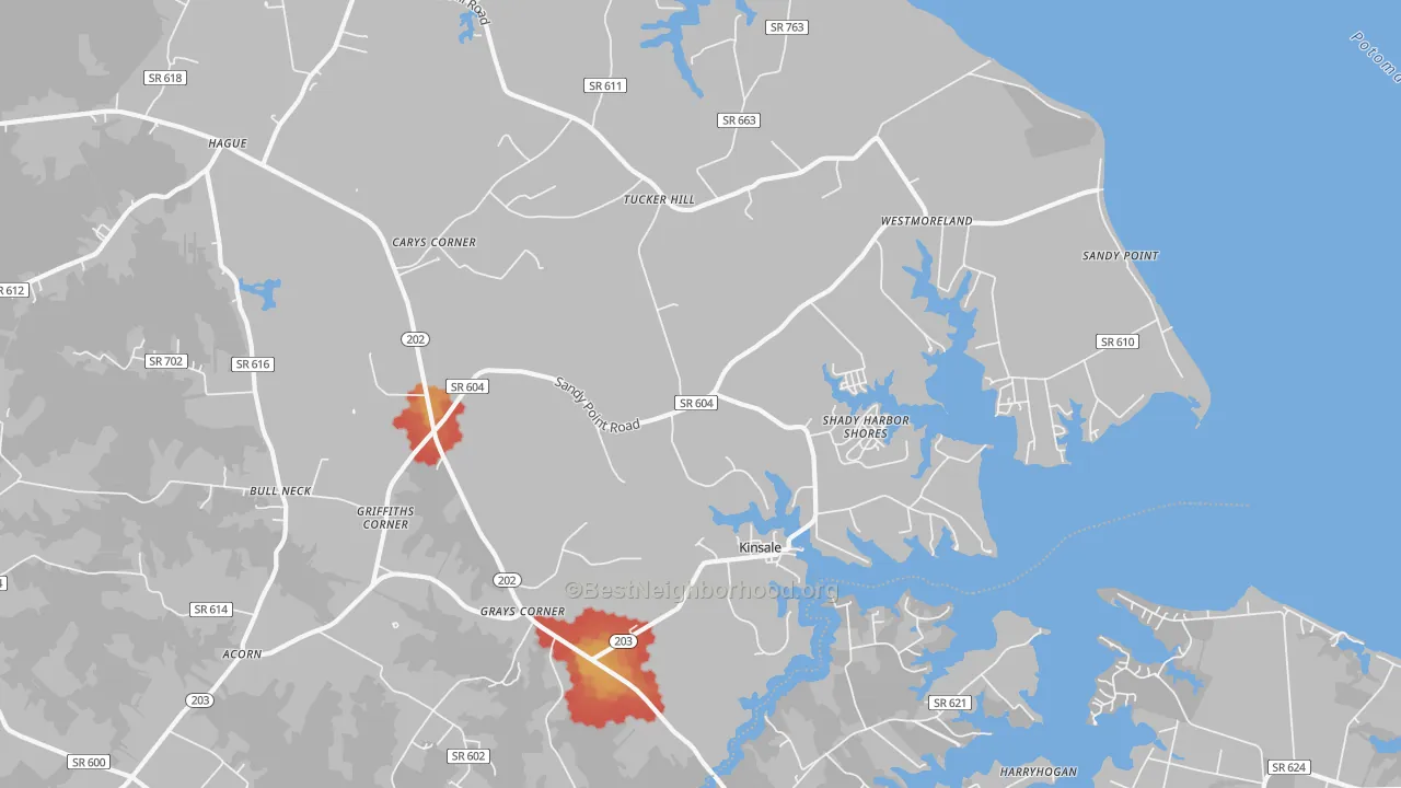Walk Grade map of 22488, VA, walkable areas in green and car-dependent areas in red