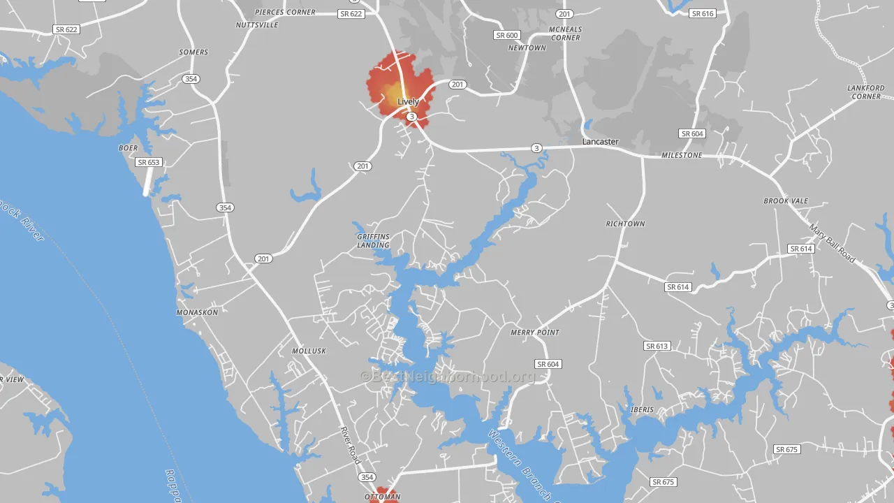 Walk Grade map of 22503, VA, walkable areas in green and car-dependent areas in red